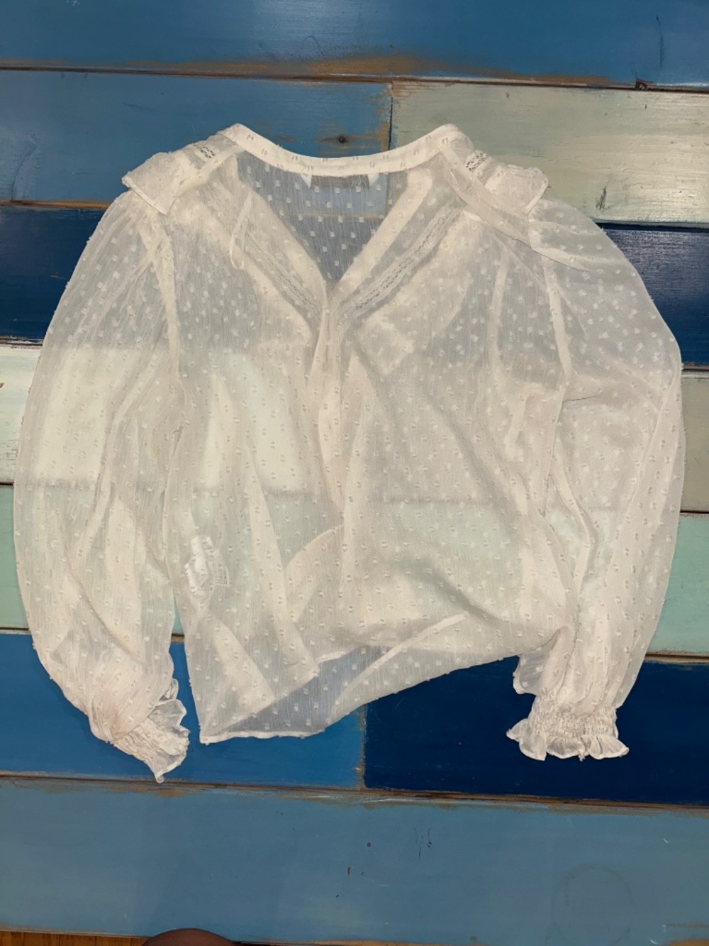 Zara White Swiss Dot Ruffle Blouse Size Large Boho Sheer Top - Picture 5 of 5